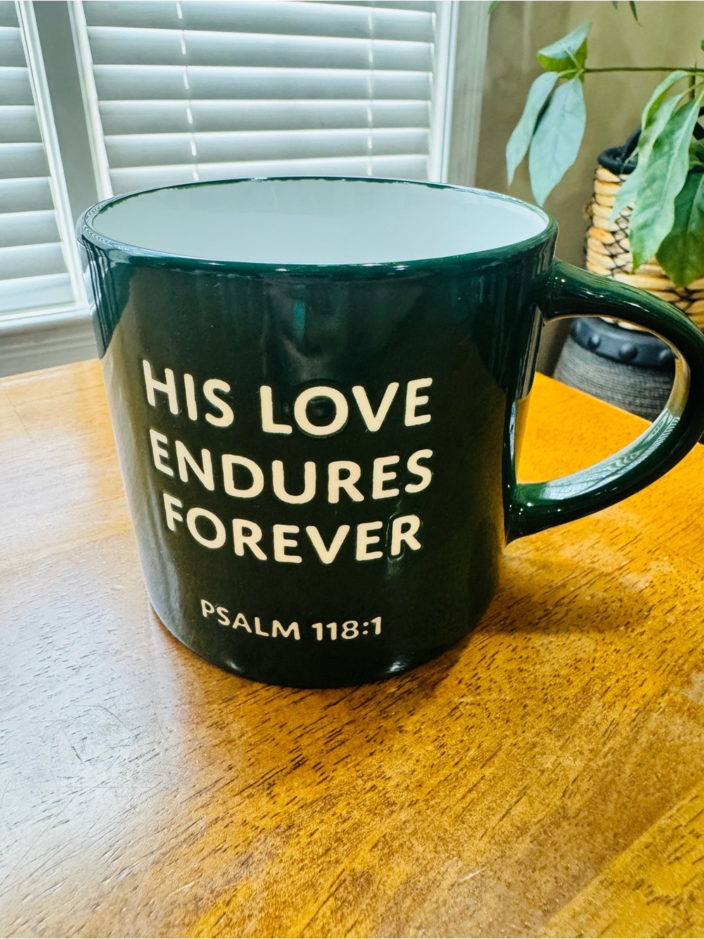 Dwell Studio “His Love Endures Forever Psalm 118:1” Bible Verse Green Coffee Mug